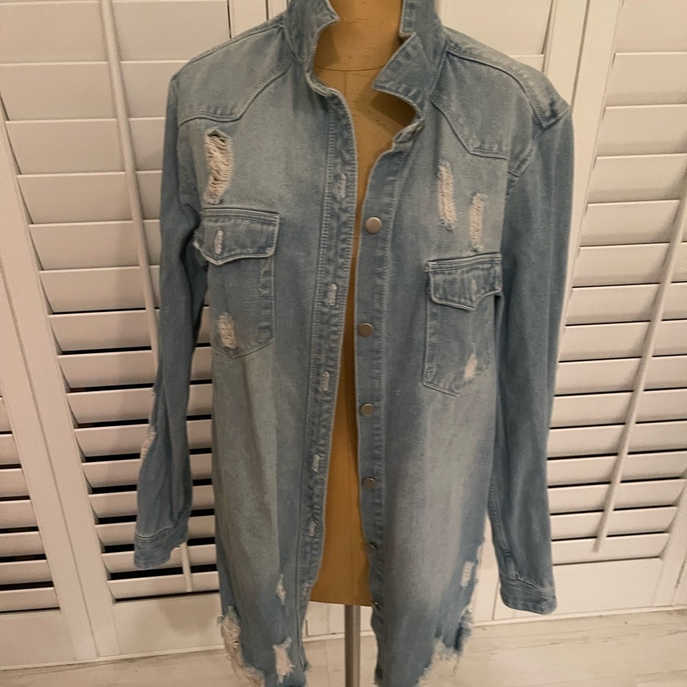 American Bazi Distressed Light Denim Jacket Coat Blouse Large Long Sleeve